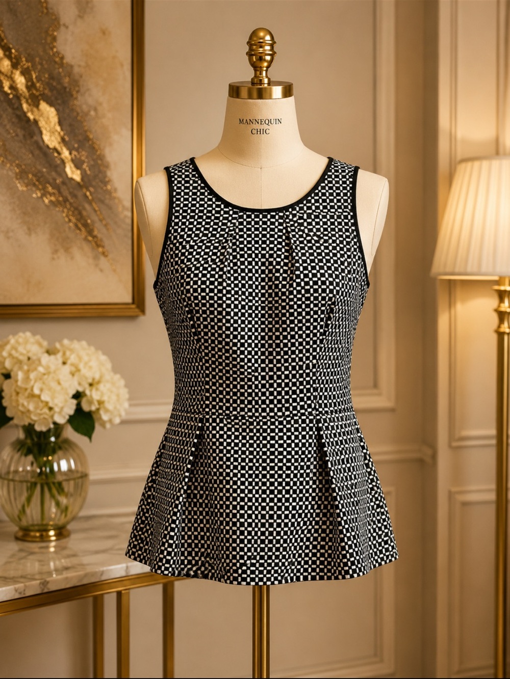 White House Black Market Black & White Check Peplum Tank